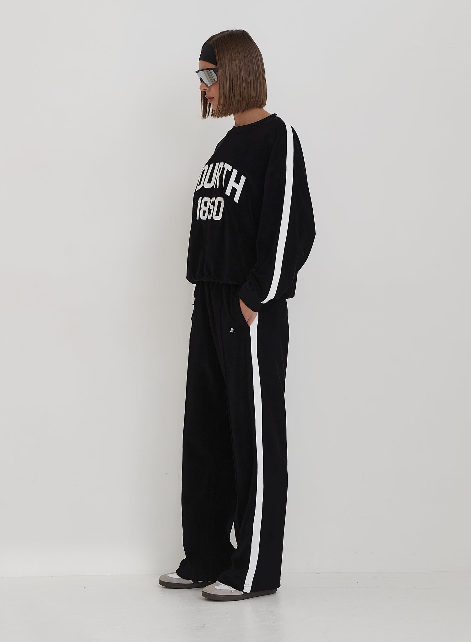 Black Velour Constrast Stripe Wide Leg Jogger